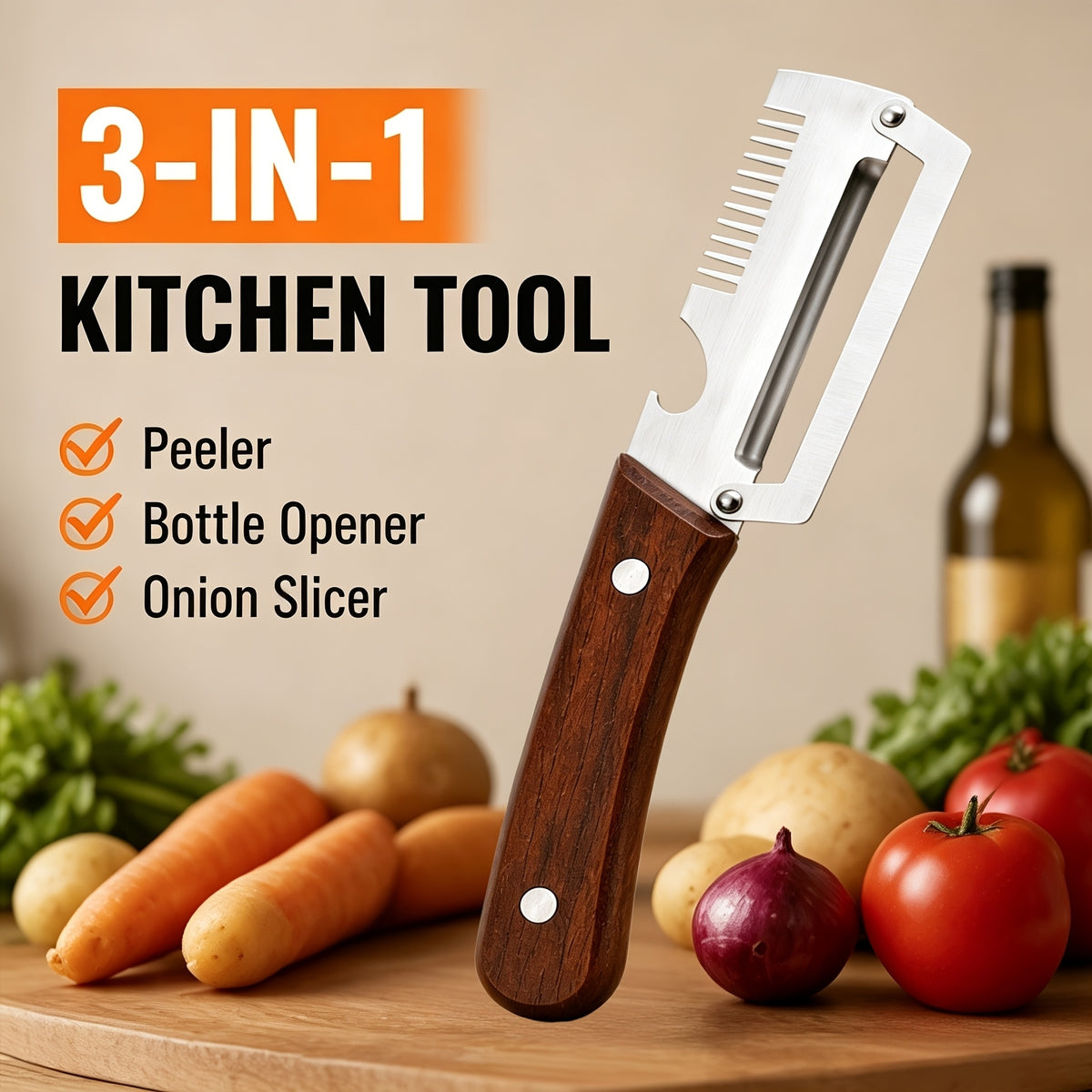 3-in-1 Steel Peeler Knife with Wooden Handle