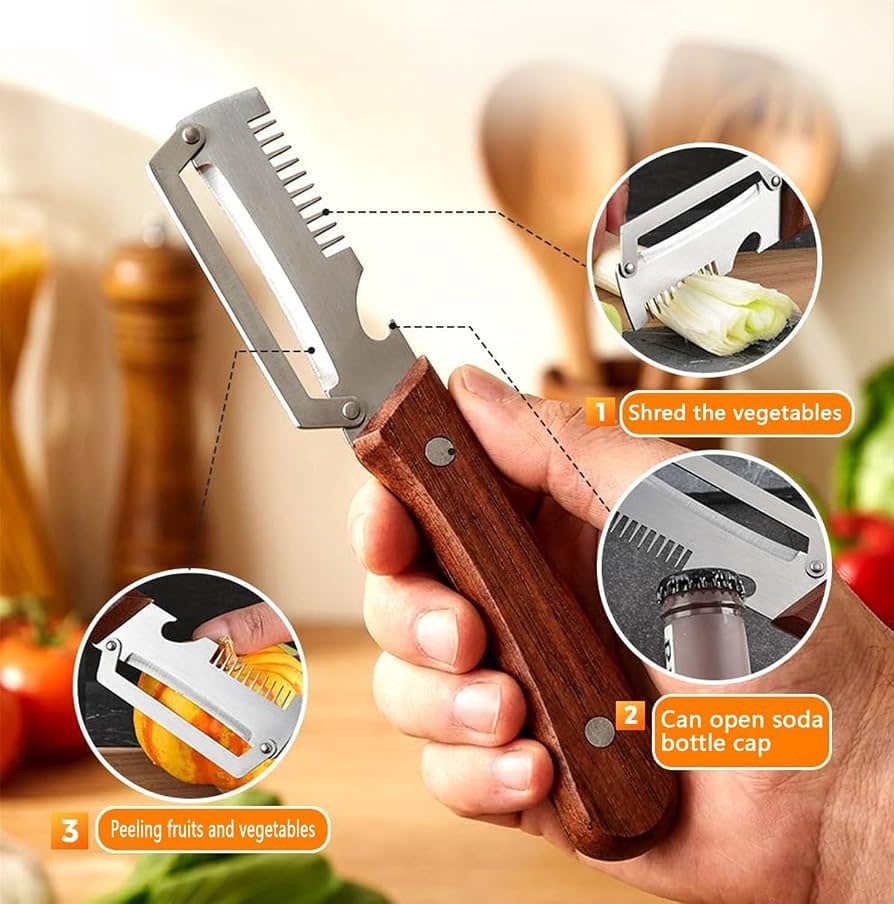 3-in-1 Steel Peeler Knife with Wooden Handle